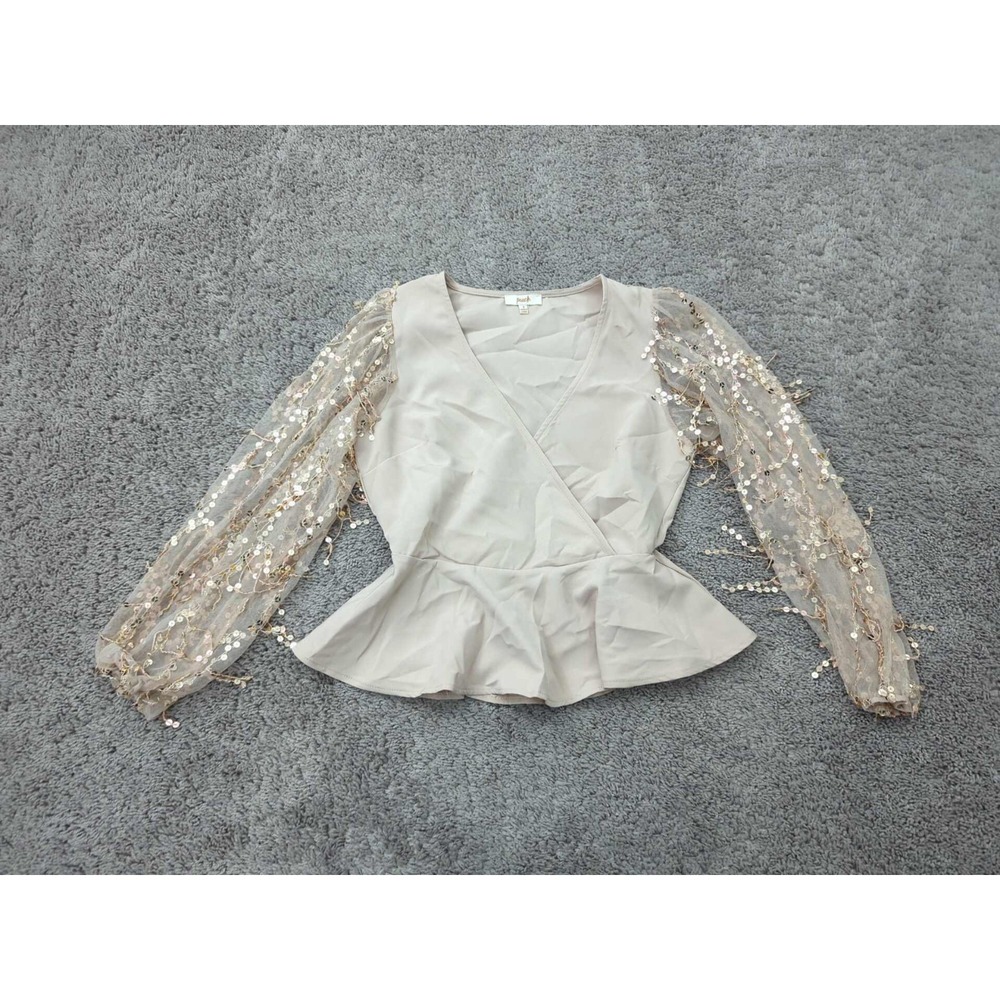 Peach Blouse Womens S Beige Mesh Sequin Long Sleeve Faux Wrap Peplum